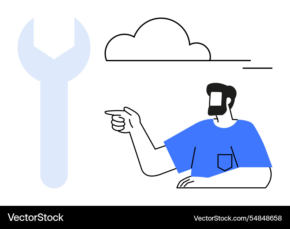 Man pointing towards cloud with large wrench Vector Image