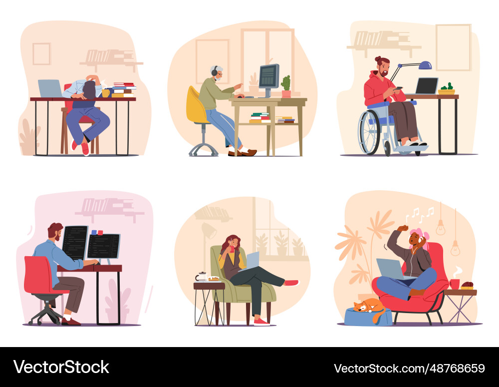 Characters working at their computers each Characters working at their computers each vector image