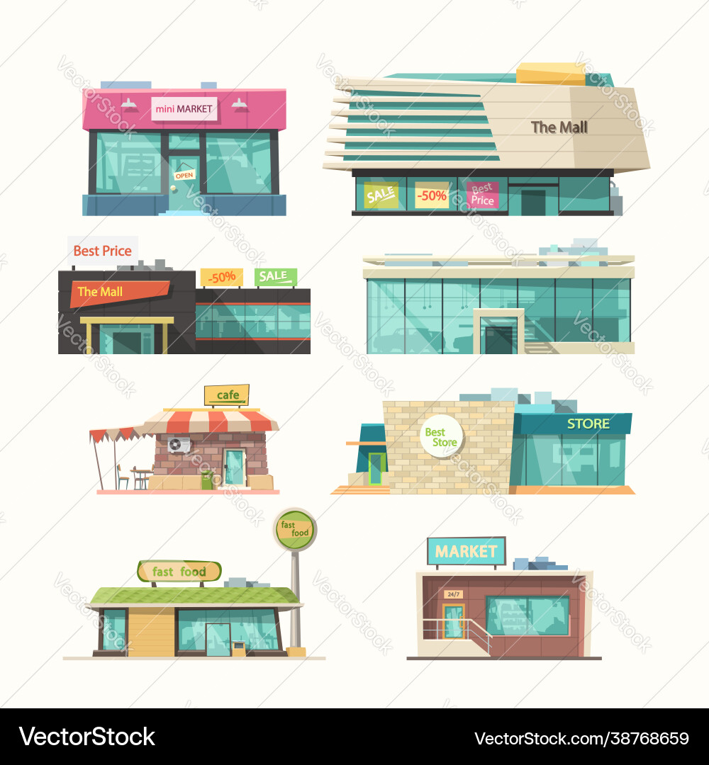 Different front view stores in set isolated Different front view stores in set isolated vector image