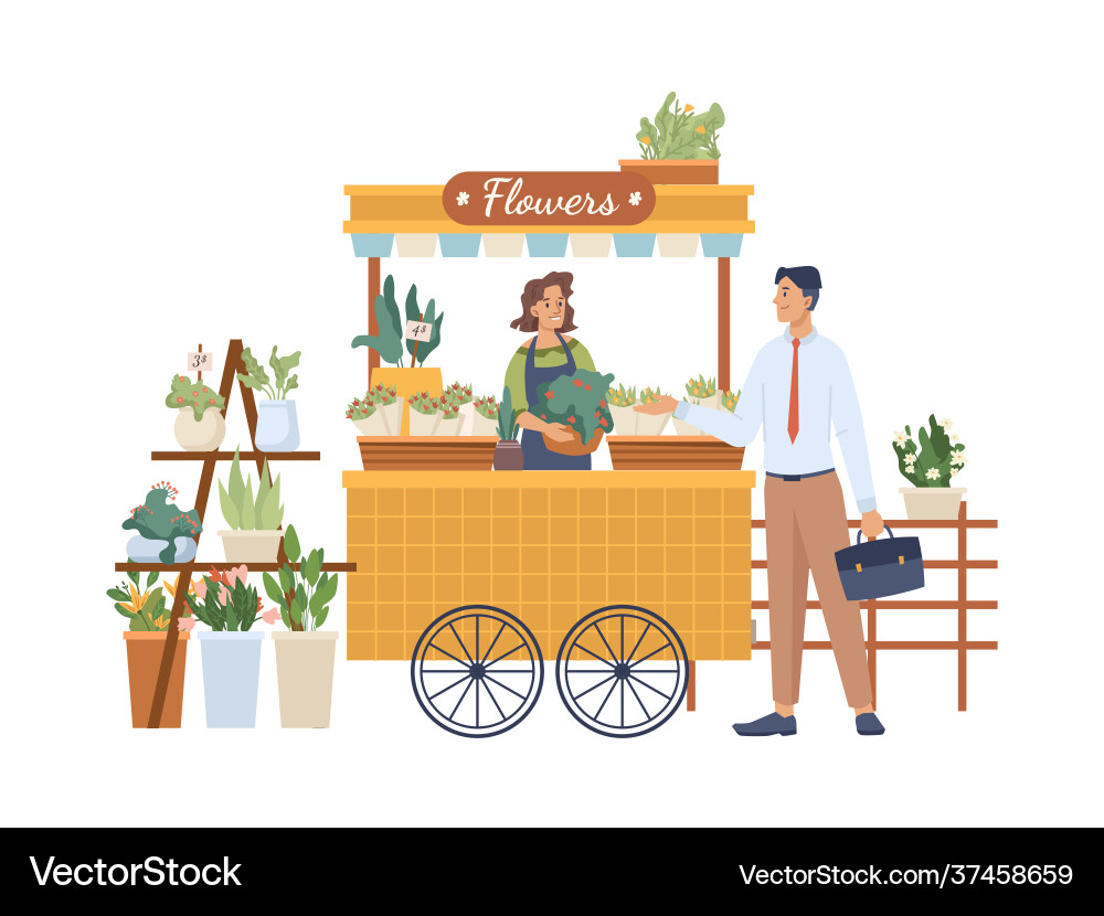 Seller and buyer at outdoor flower shop bouquet Seller and buyer at outdoor flower shop bouquet vector image