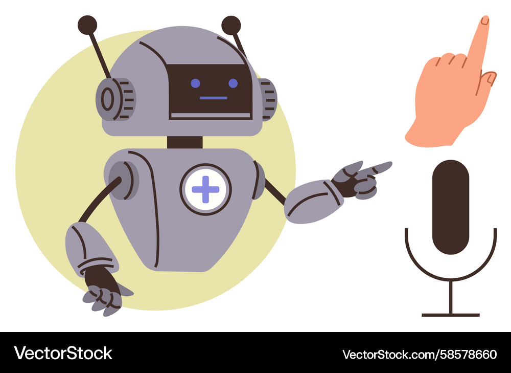 Robot interacting with microphone and hand gesture Robot interacting with microphone and hand gesture Vector Image