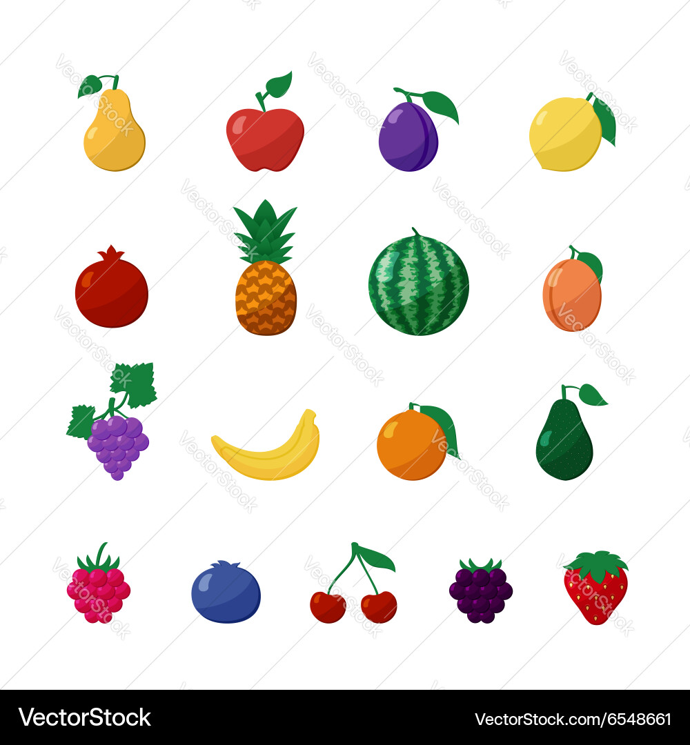 Icons fruits and berries in flat style set Vector Image