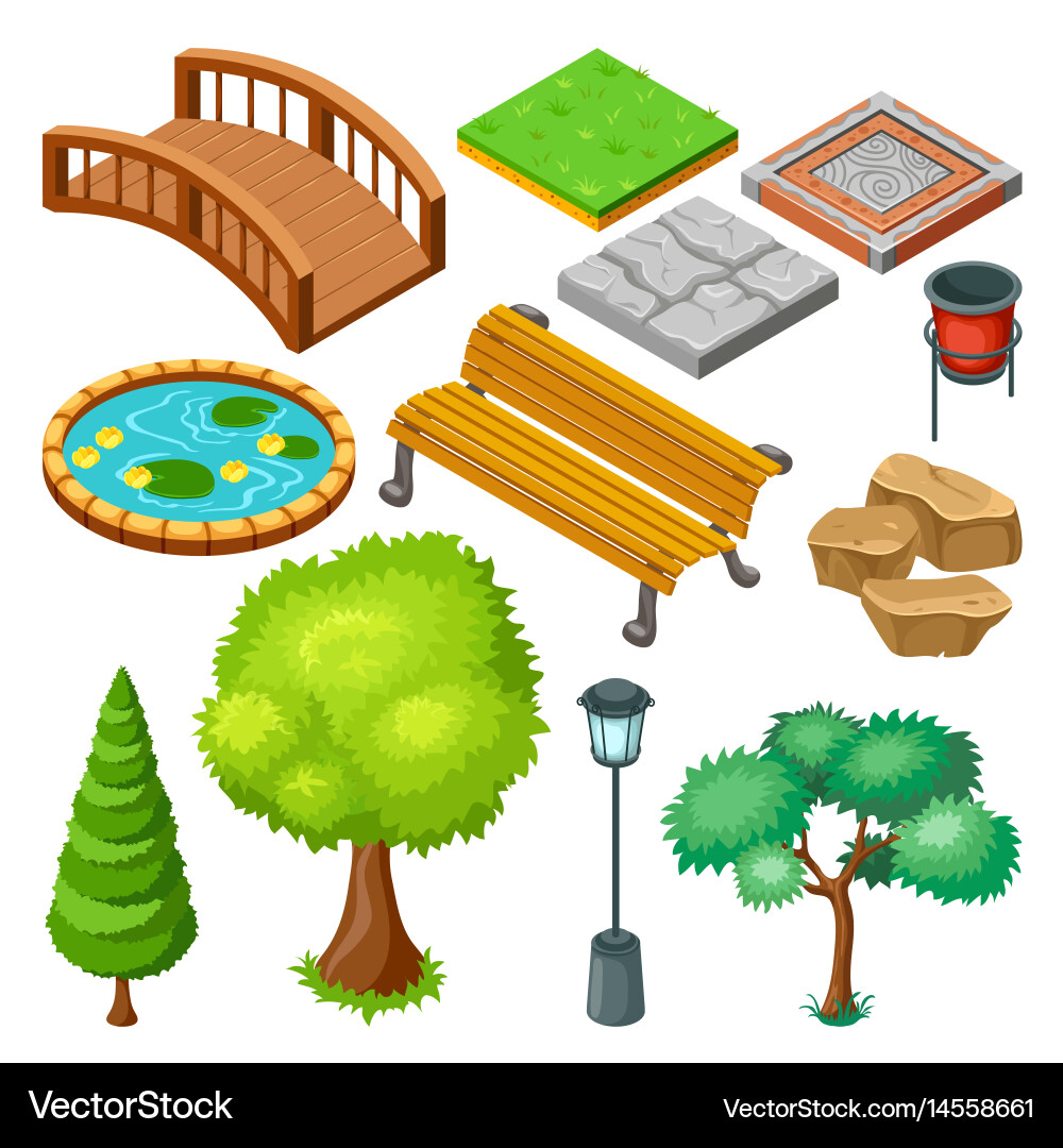 Isometric summer park landscape elements set Vector Image