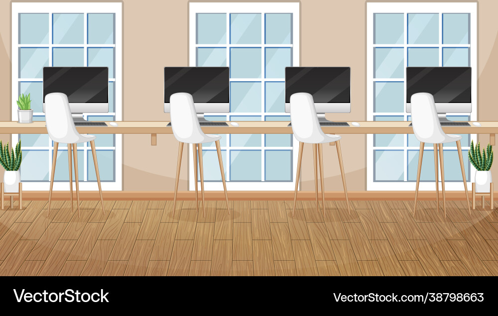 Office scene with many computers on table Office scene with many computers on table vector image