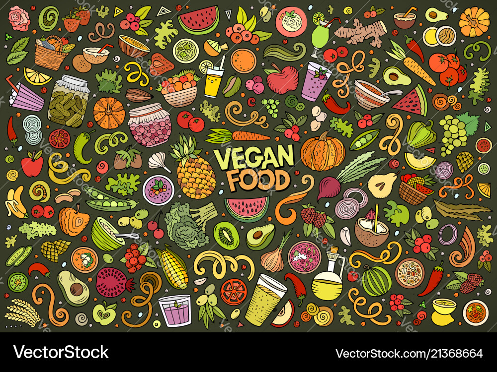 Colorful Vegan Food Doodle Set Vector Image