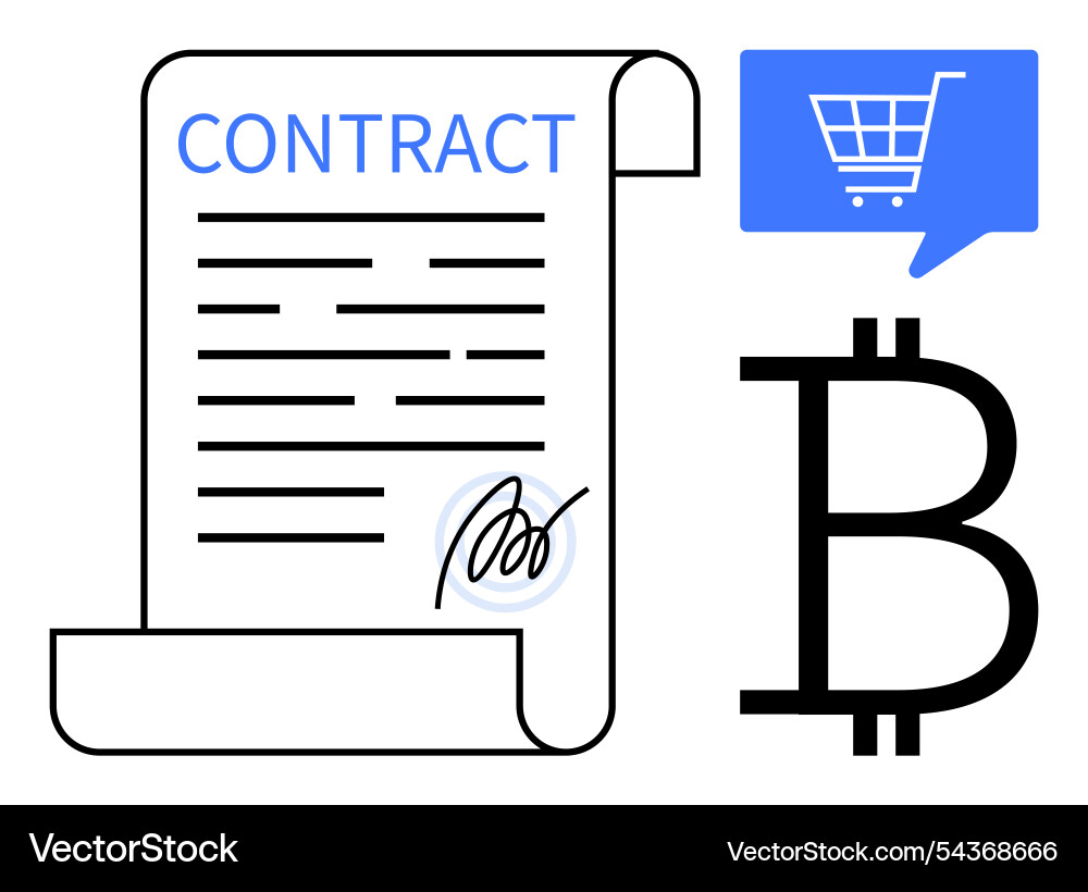 Digital contract with signature and bitcoin symbol Vector Image