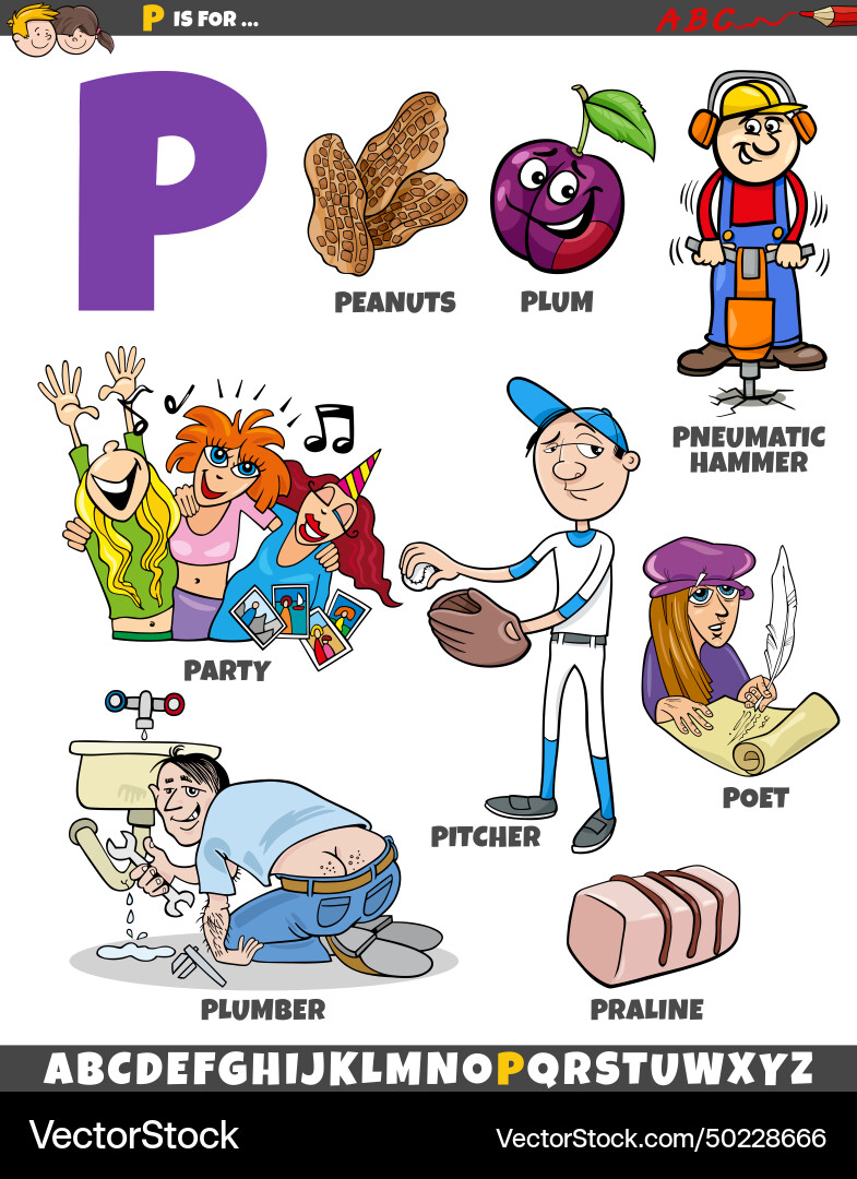 Letter p set with cartoon objects and characters Letter p set with cartoon objects and characters vector image