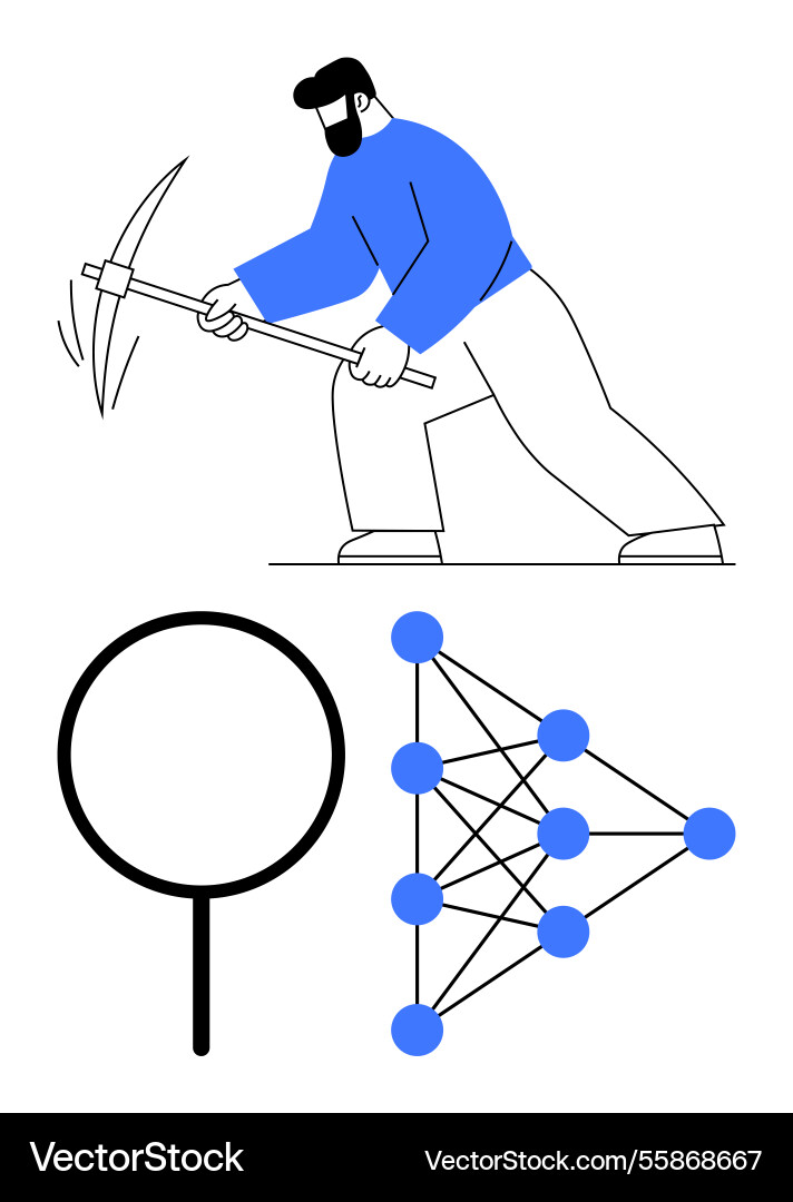 Data miner digging with pickaxe alongside nodes Data miner digging with pickaxe alongside nodes Vector Image
