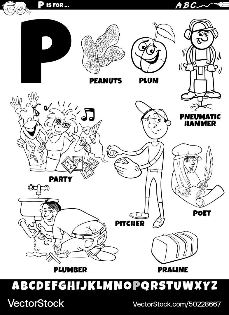 Letter p set with cartoon objects and characters Vector Image