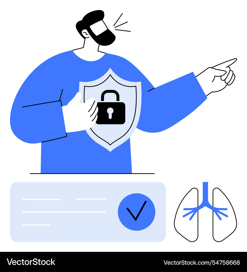 Man protecting data with shield and pointing Man protecting data with shield and pointing Vector Image