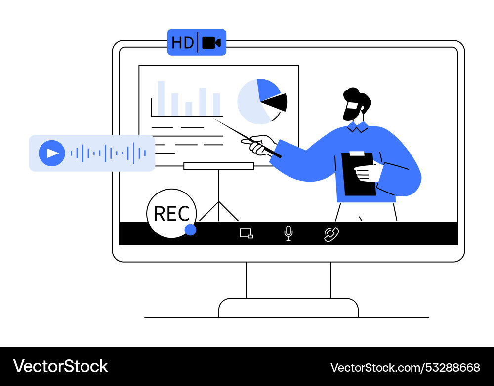 Man with beard presenting pie chart on screen Man with beard presenting pie chart on screen vector image