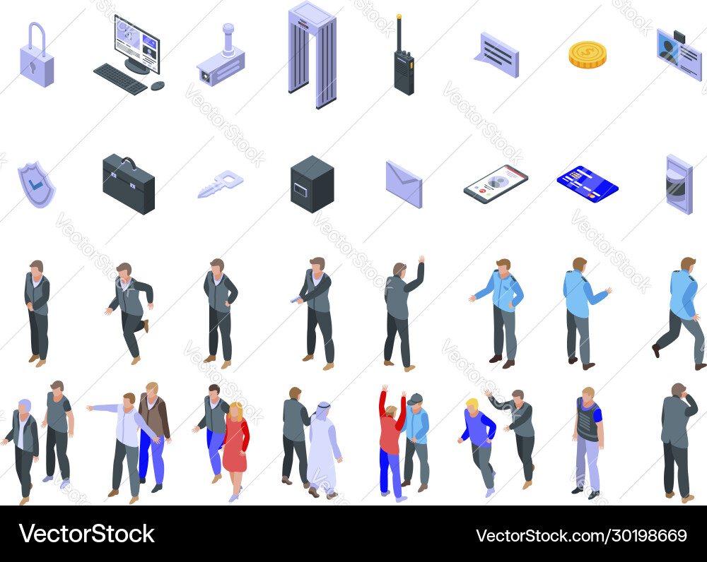 Personal guard icons set isometric style Personal guard icons set isometric style vector image