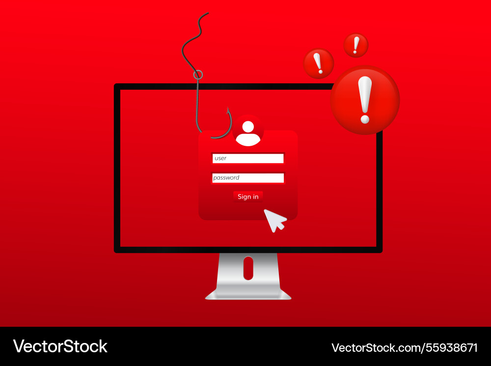 Computer screen with phishing alert and login Vector Image