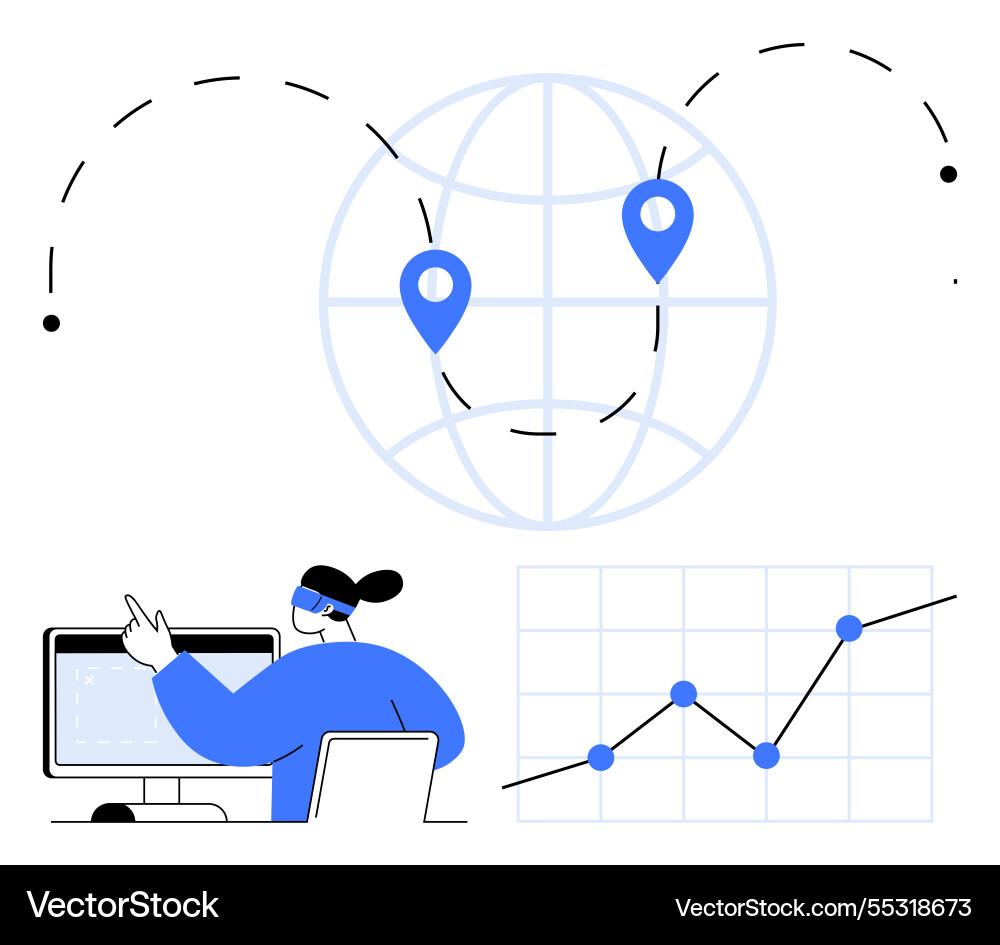 Global data analysis with map pins computer Global data analysis with map pins computer vector image
