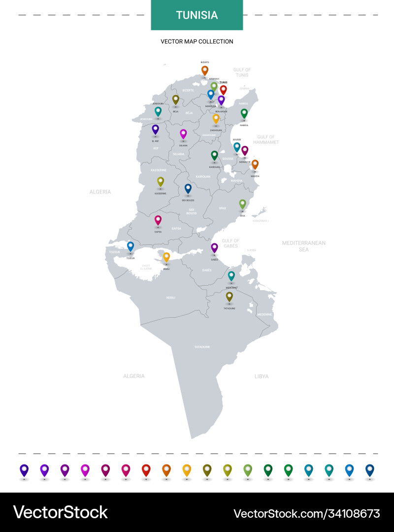 Tunisia map with location pointer marks vector image