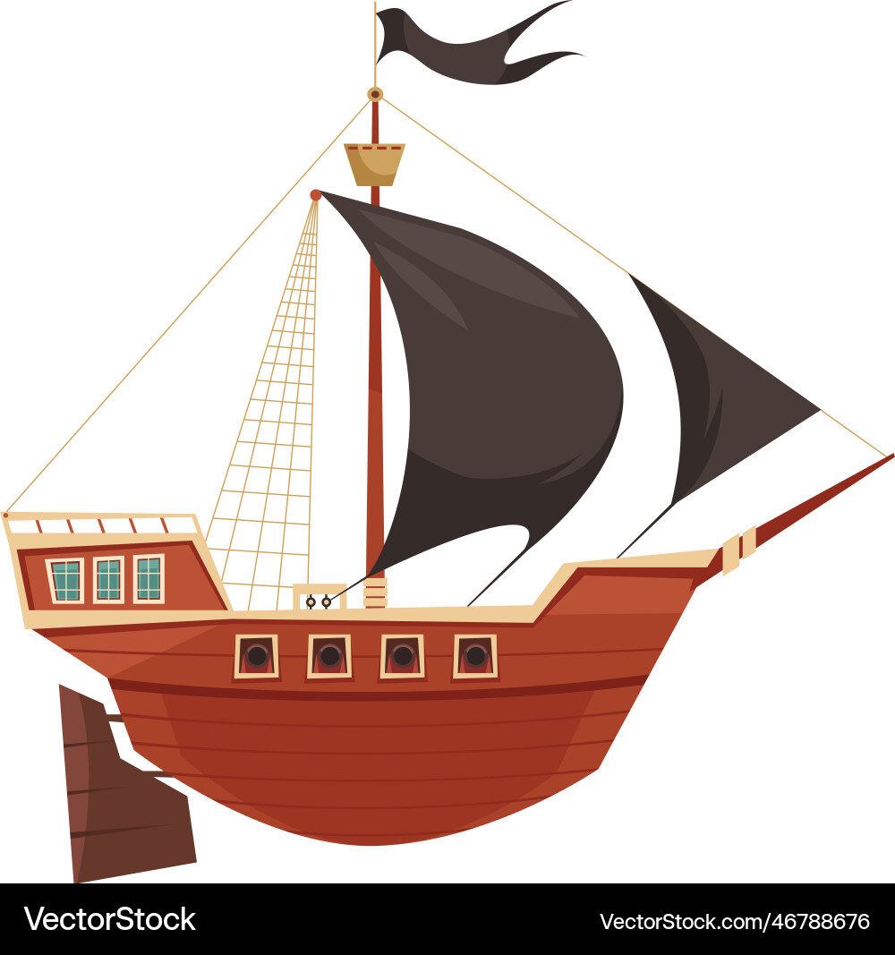 Cartoon pirate ship with black sails vector illustration. 