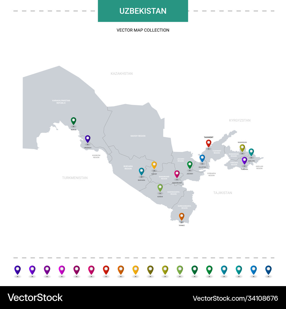 Uzbekistan map with location pointer marks vector image
