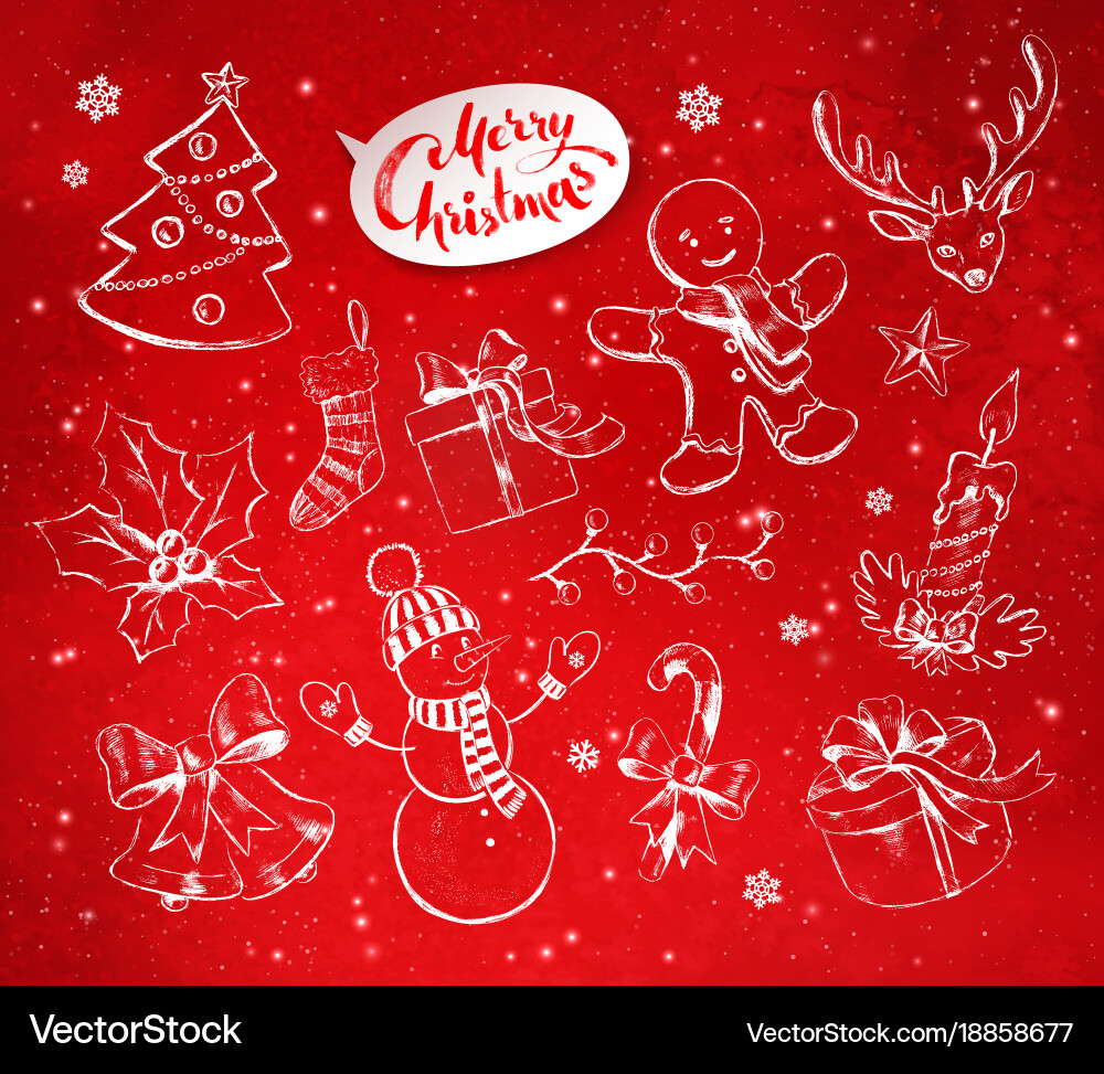 Christmas objects on festive red background Vector Image