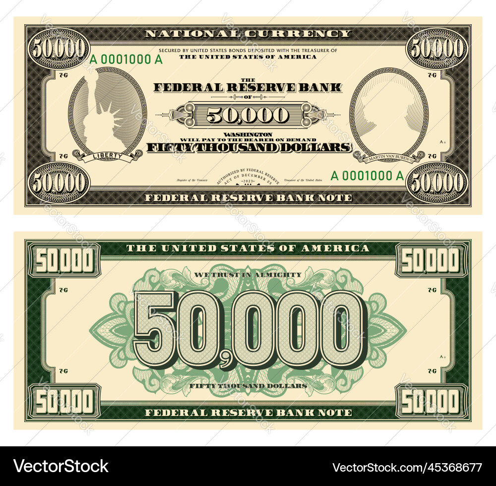 New 50000 dollars banknote obverse and reverse New 50000 dollars banknote obverse and reverse vector image