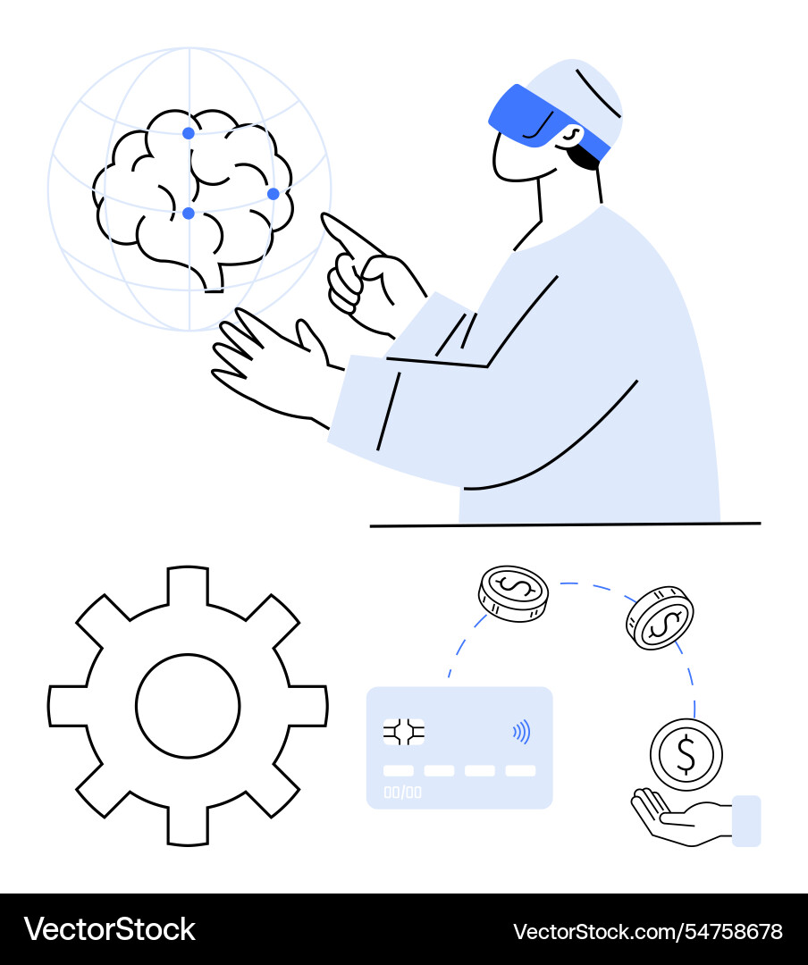 Man using vr to interact with virtual brain gear Man using vr to interact with virtual brain gear vector image