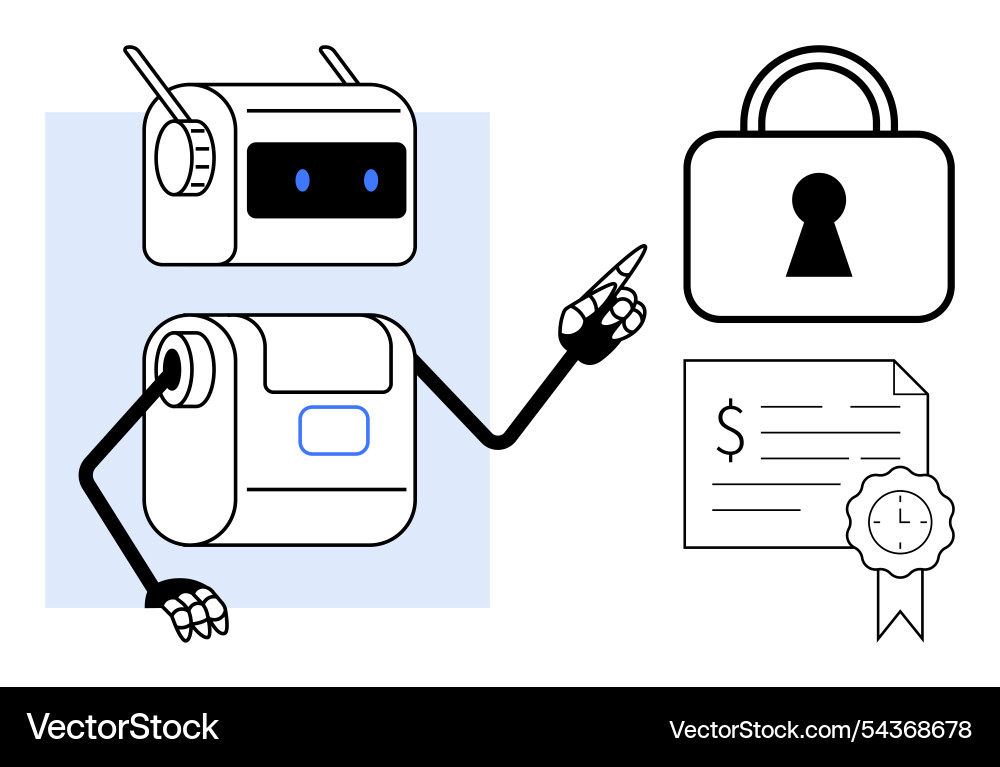 Robot pointing at security lock and document Robot pointing at security lock and document vector image