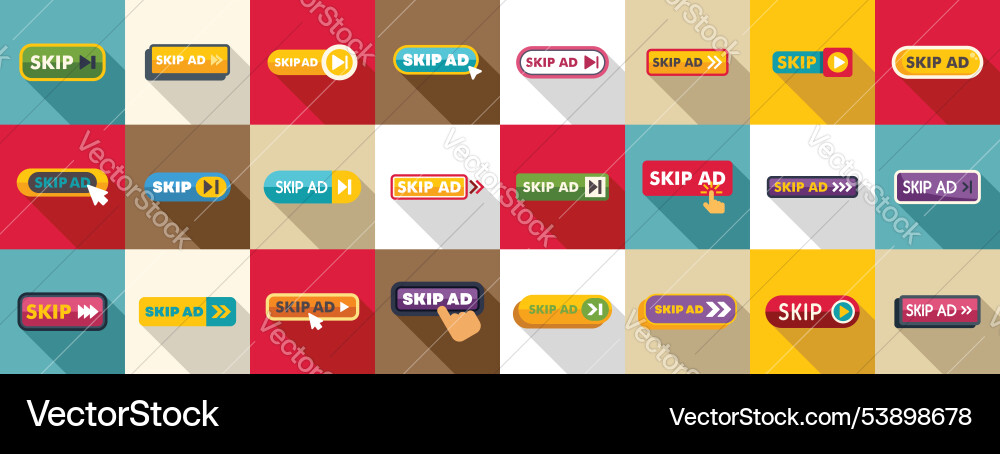Skip ad icons set of various button Skip ad icons set of various button Vector Image