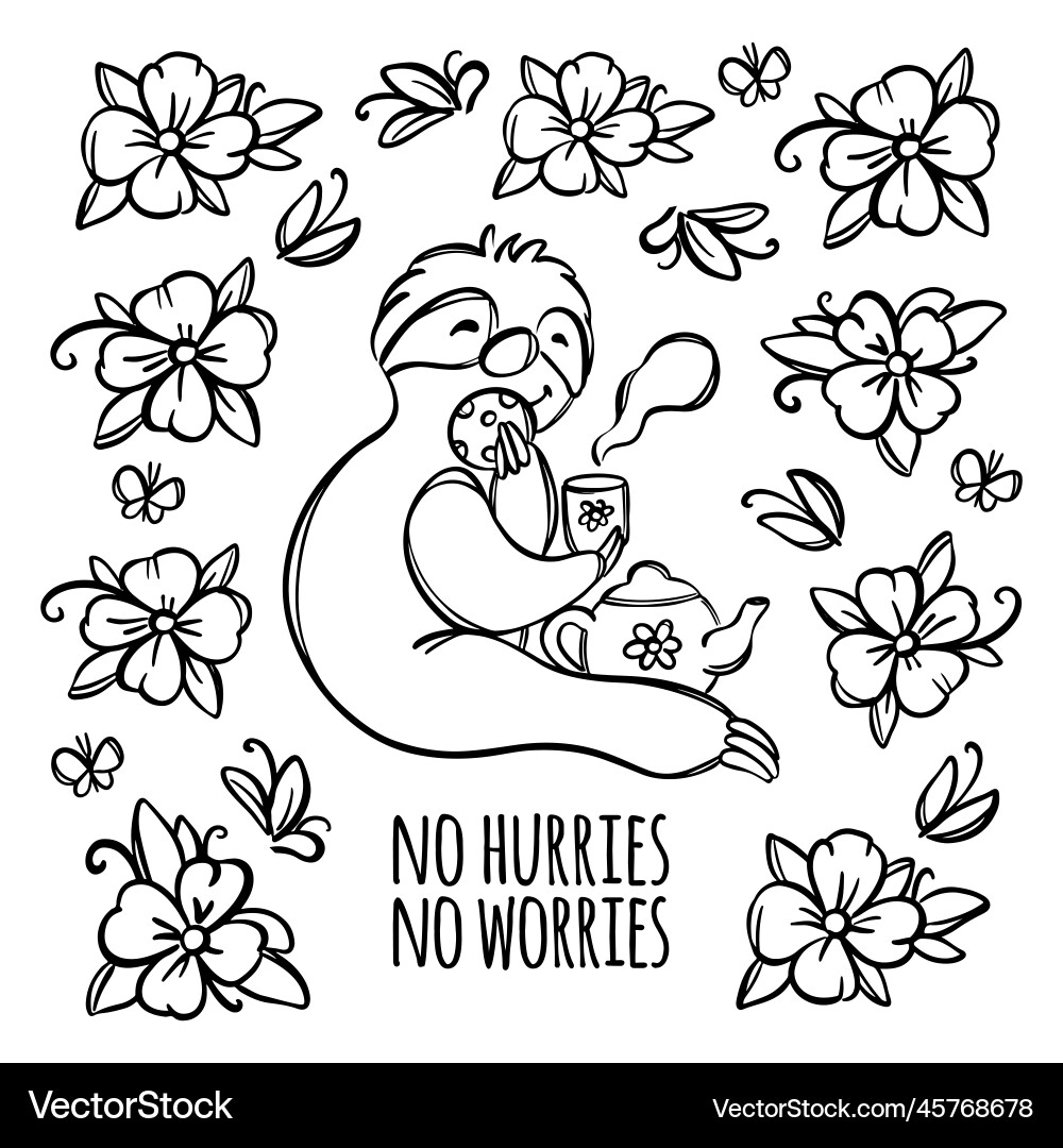 Sloth tea monochrome cute animal drinks motto Sloth tea monochrome cute animal drinks motto vector image