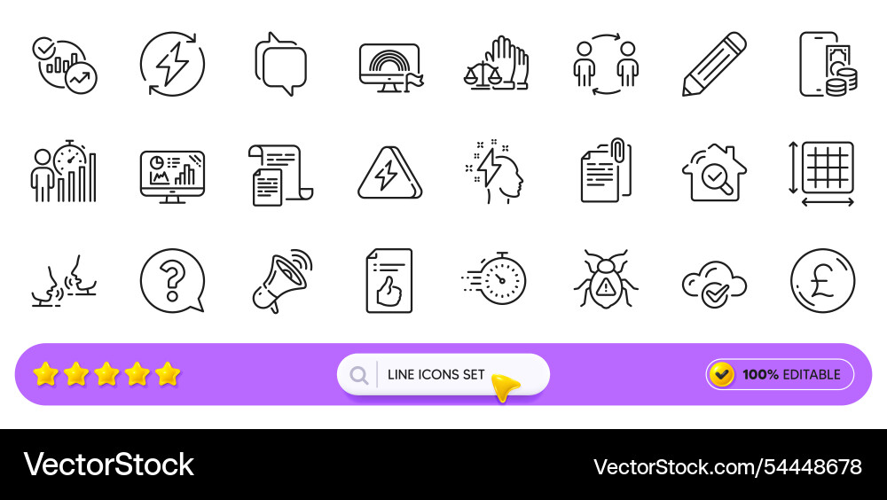 Software bug question mark and inspect line icons Software bug question mark and inspect line icons vector image