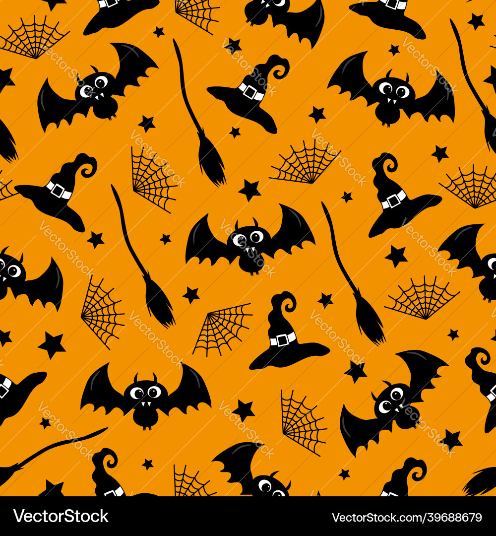 Halloween Witch Hat & Bat Pattern vector image