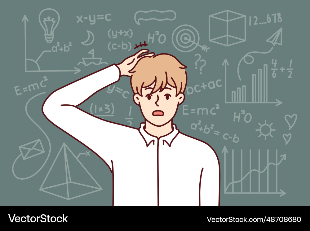 Embarrassed guy student studying mathematics Embarrassed guy student studying mathematics Vector Image