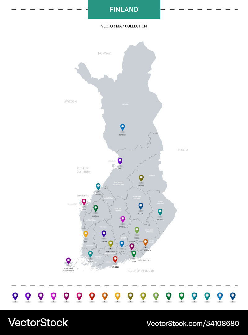 Finland map with location pointer marks Finland map with location pointer marks Vector Image
