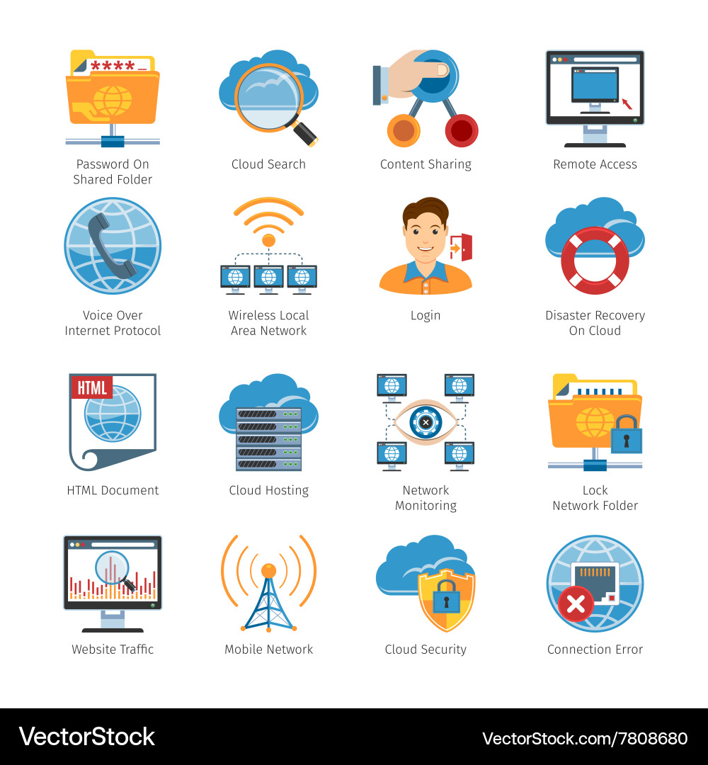 Internet and network flat icons set Vector Image