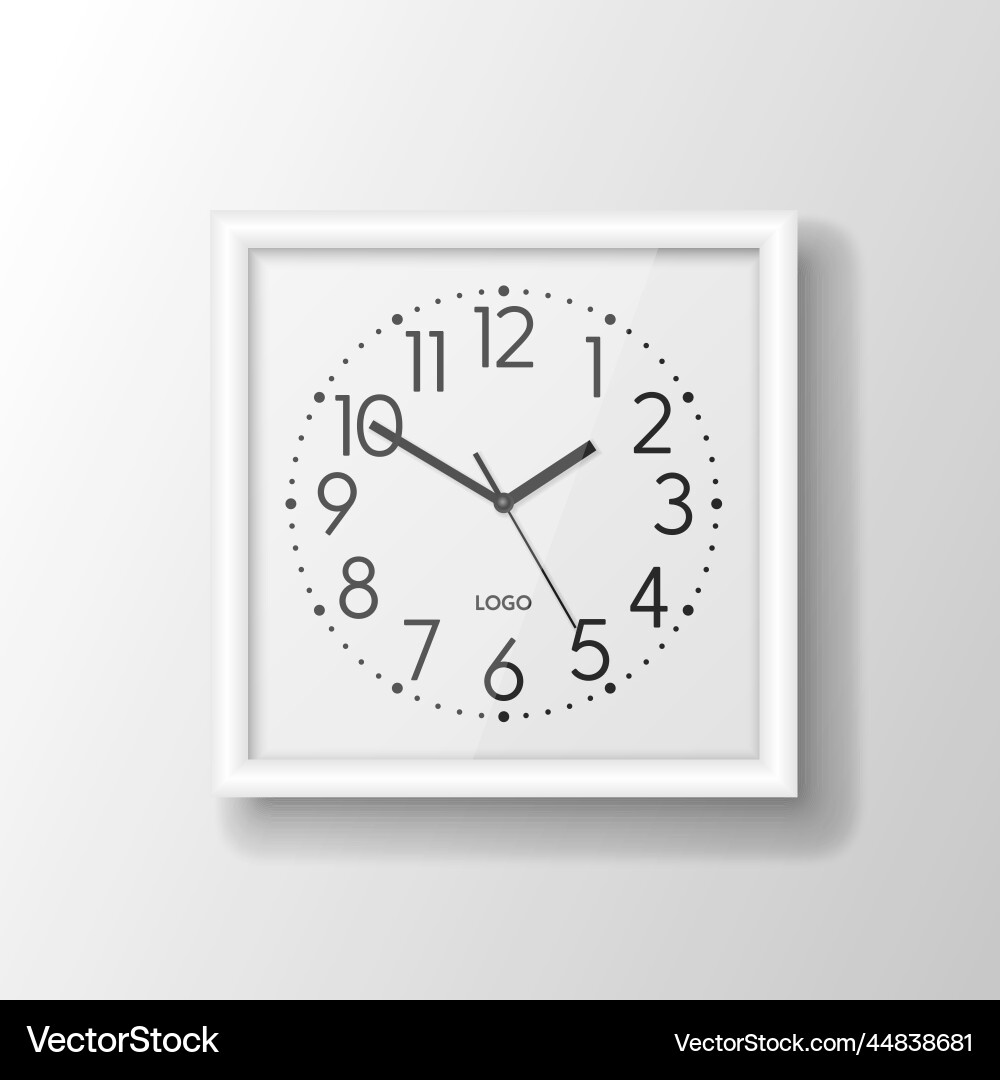 3d realistic white square wall office clock Vector Image