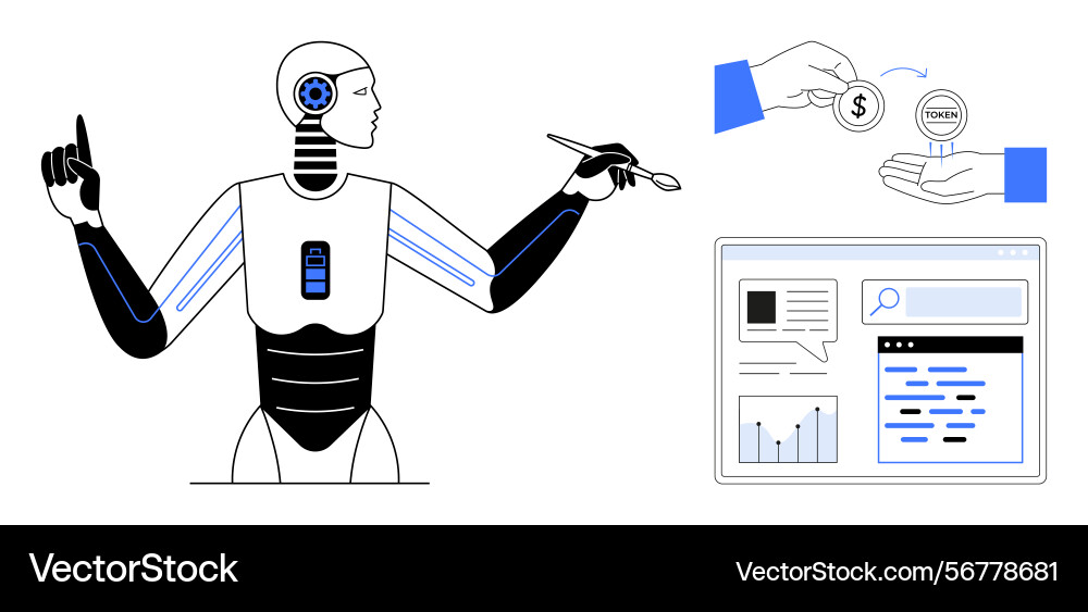 Ai robot with stylus creating digital content Vector Image