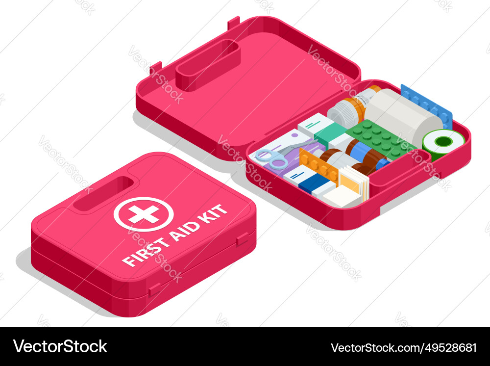 Isometric open first aid kit box with medical vector image