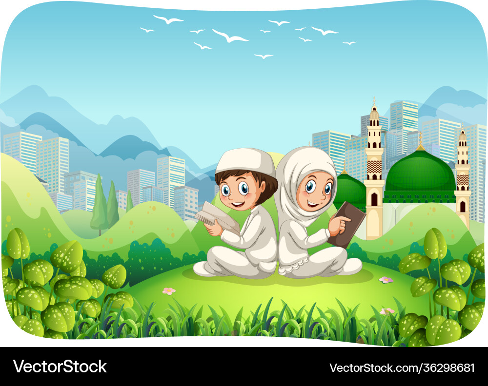 Park Outdoor Szene mit muslim Schwester und Bruder Park Outdoor Szene mit muslim Schwester und Bruder vektorbild