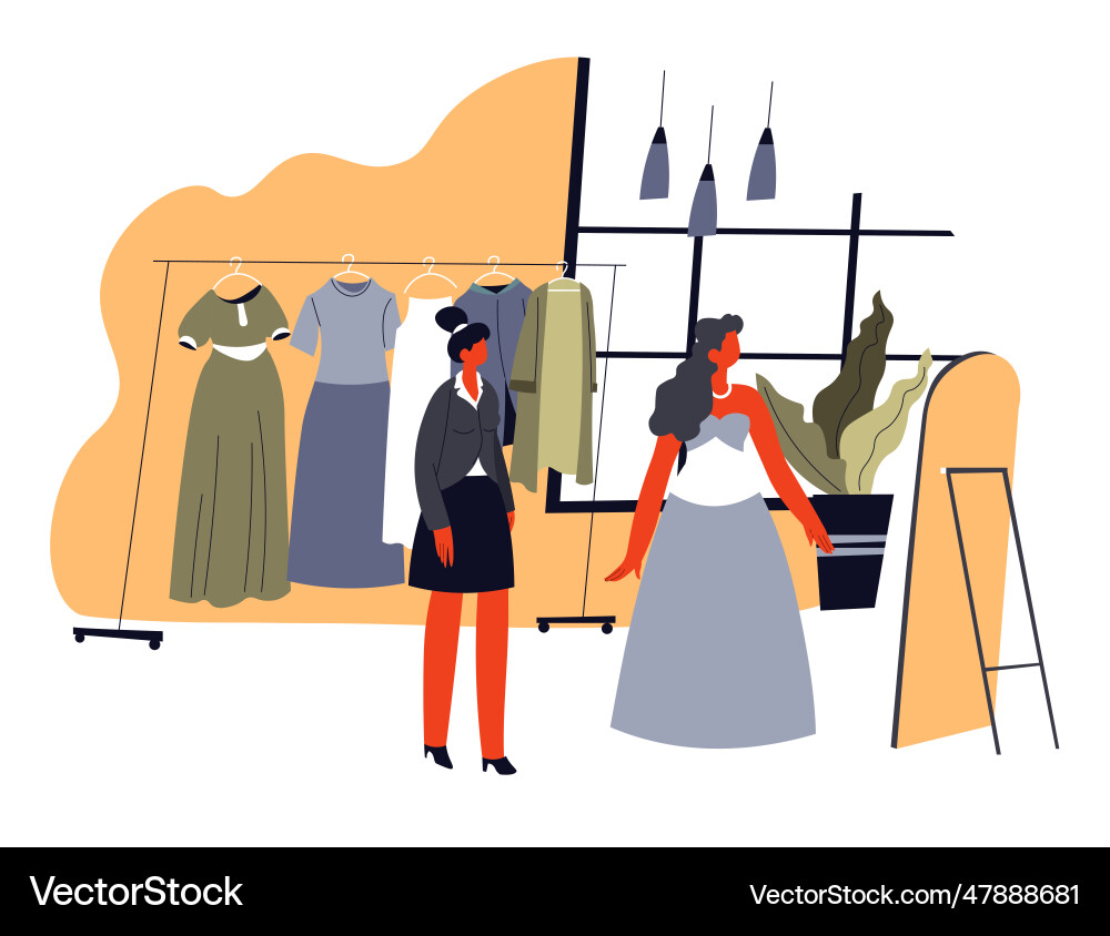 Woman choosing dress in boutique clothes shopping vector image