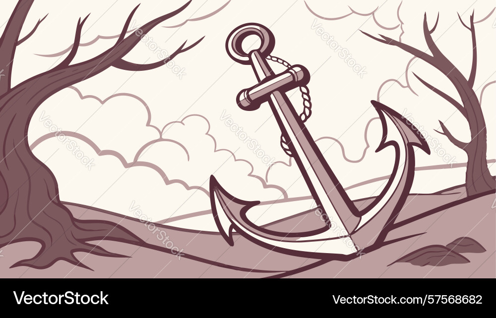 Anchor in desolate forest with twisted bare trees Vector Image