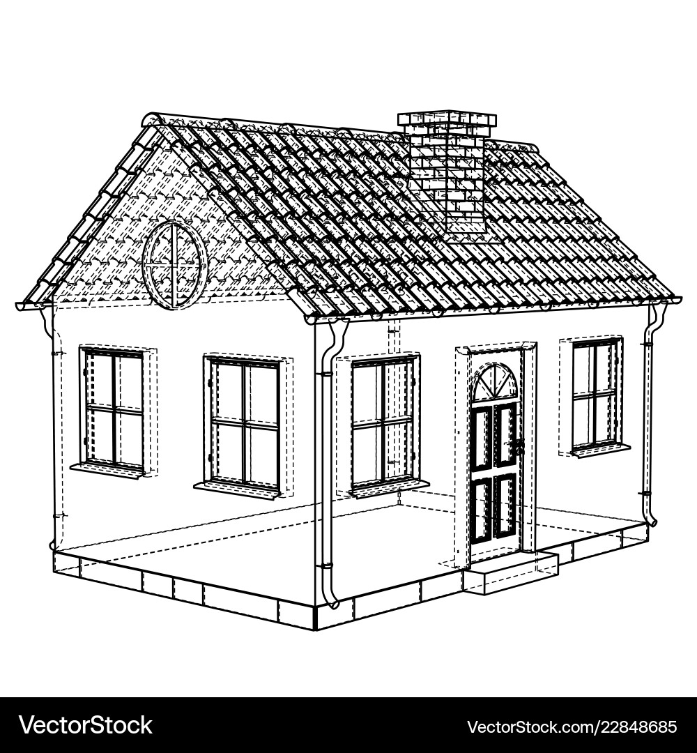 3D House Sketch - Wireframe Rendering Vector Image