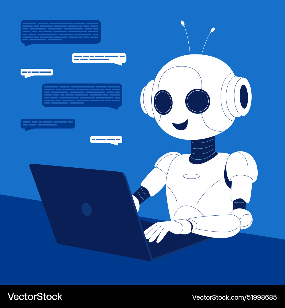 Conversation with chatbot help of robot sitting Conversation with chatbot help of robot sitting vector image