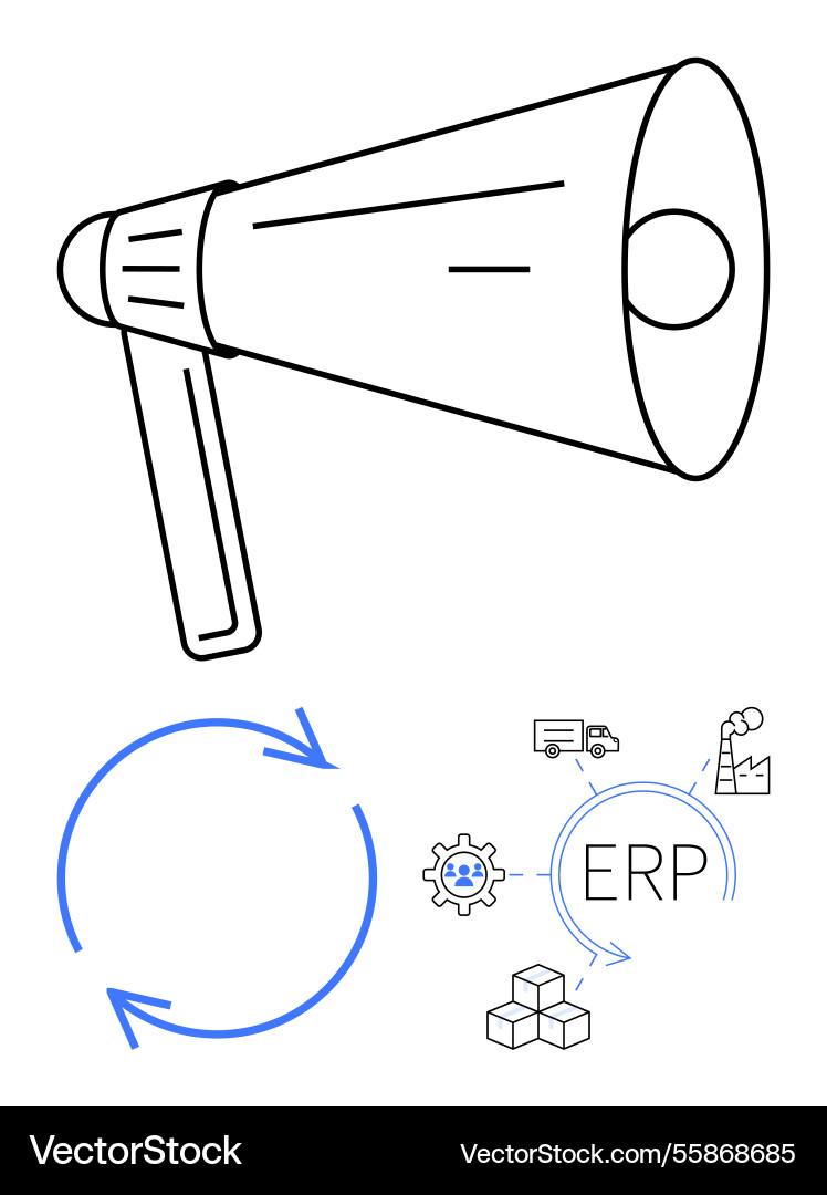 Megaphone with erp and process flow icons Megaphone with erp and process flow icons vector image