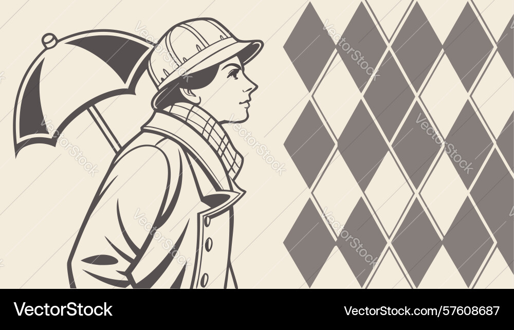 Man with umbrella and argyle pattern background vector image
