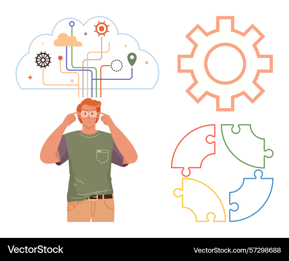 Man contemplating ideas with cloud network puzzle Man contemplating ideas with cloud network puzzle Vector Image