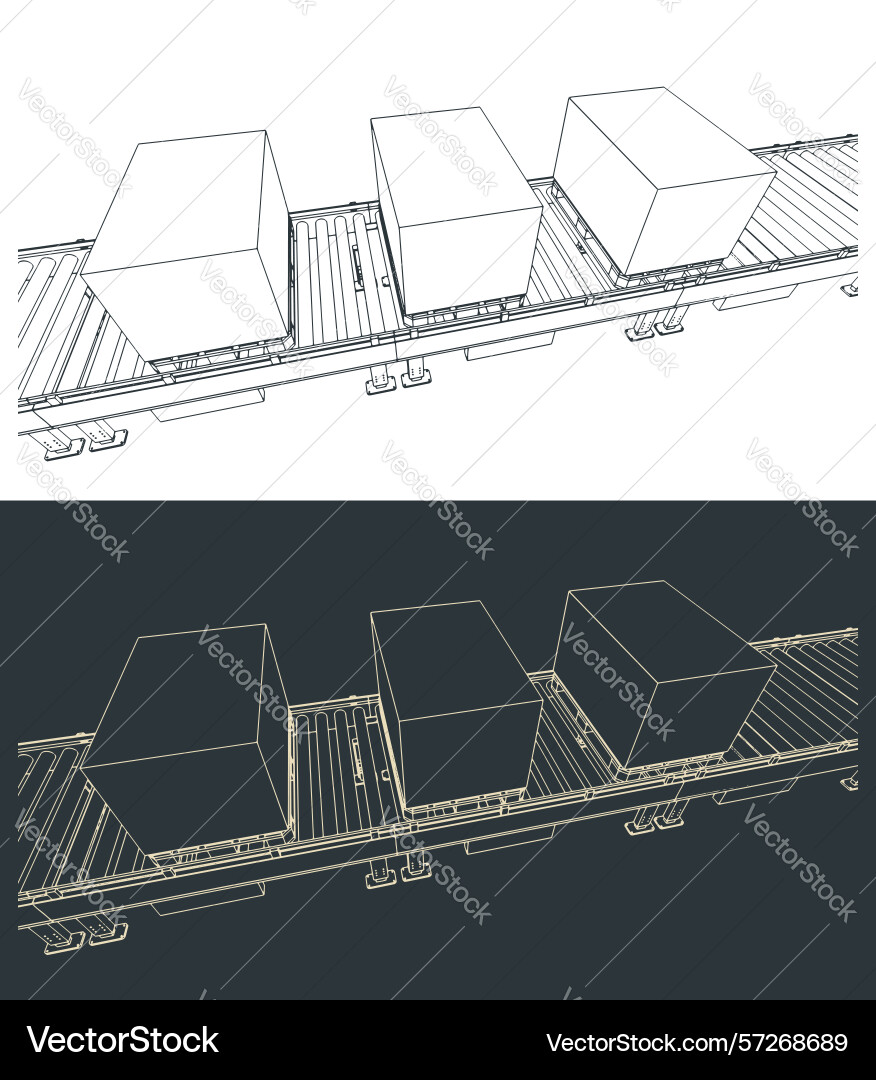 Conveyor line with boxes on pallets sketches Vector Image