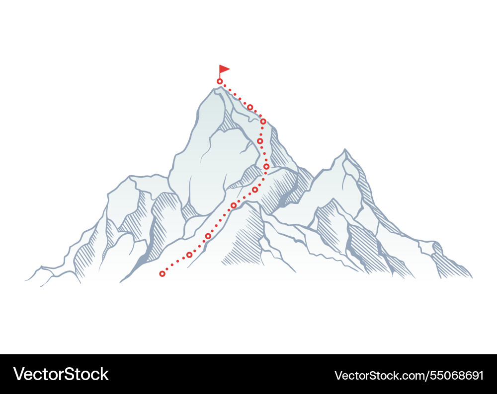 Bergkletterweg nach Top-Rock mit roter Flagge Bergkletterweg nach Top-Rock mit roter Flagge vektorbild