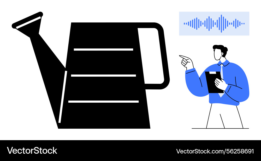 Man analyzing watering can with soundwave for data Man analyzing watering can with soundwave for data Vector Image
