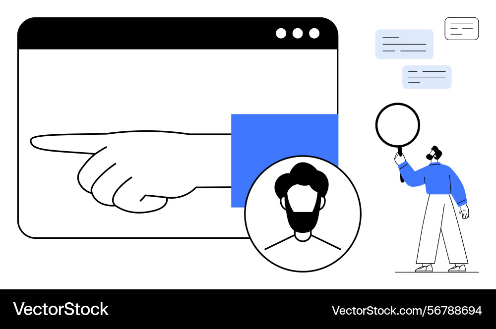 Hand pointing on digital window with user profile Hand pointing on digital window with user profile Vector Image