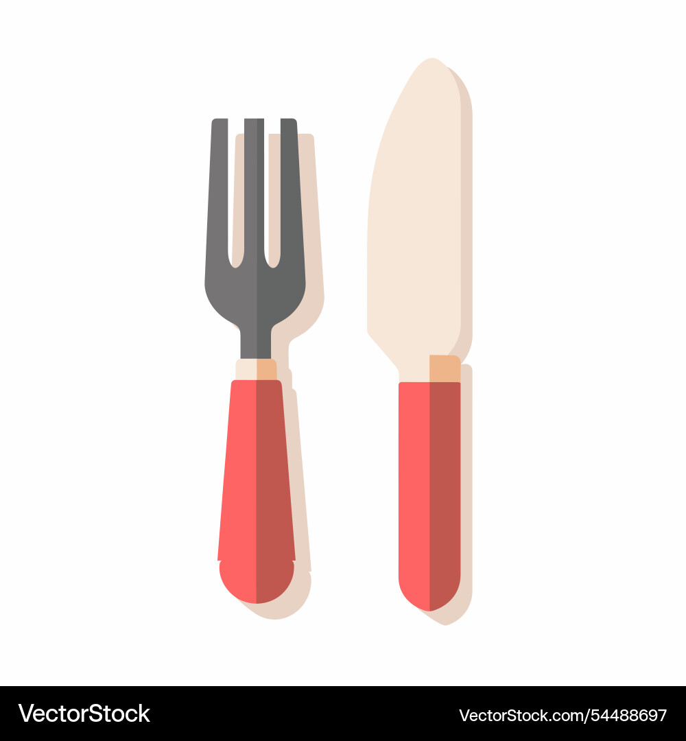 Fork and knife set with red handles displayed Vector Image