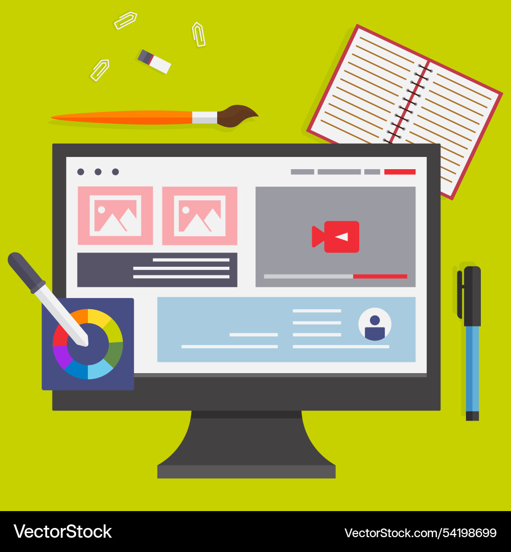Arbeiten auf Computer Webdesign und Farbe Arbeiten auf Computer Webdesign und Farbe Vektorbild
