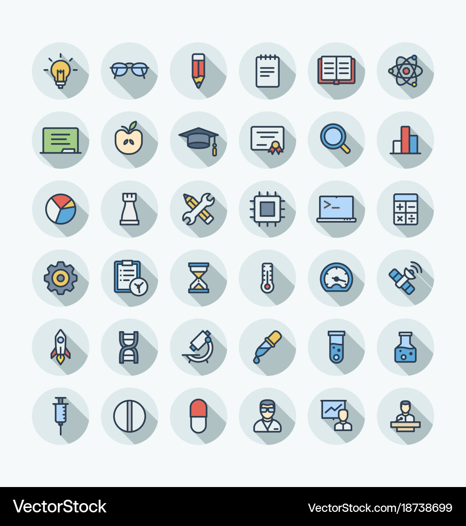 Flat color thin line icons set with science vector image